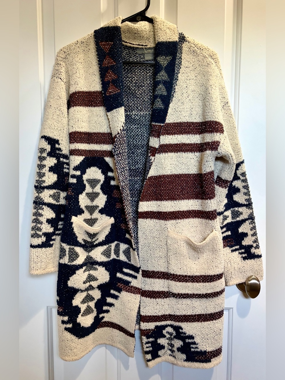 Natural Reflections Cream, Navy & Brown Aztec Open-Front Shawl Cardigan